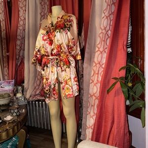 Vintage Satin Kimono with Red and Pink Floral Design